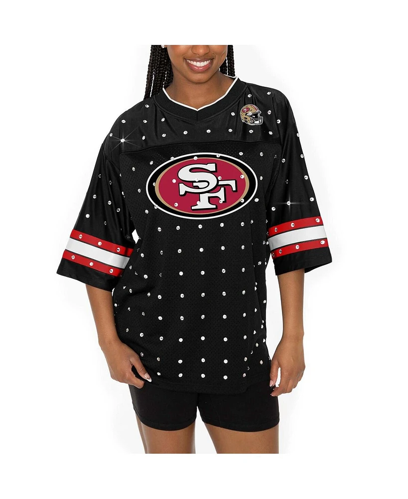 Gameday Couture Women's Black San Francisco 49ers Kickoff Time Allover Rhinestone Sports Stripe Jersey V-Neck T-Shirt