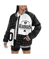 Gameday Couture Women's Black/White Las Vegas Raiders Oversized Hot Shot Rhinestone Throwback Full-Snap Varsity Bomber Jacket