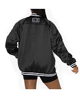 Gameday Couture Women's Black/White New Orleans Saints Oversized Hot Shot Rhinestone Throwback Full-Snap Varsity Bomber Jacket