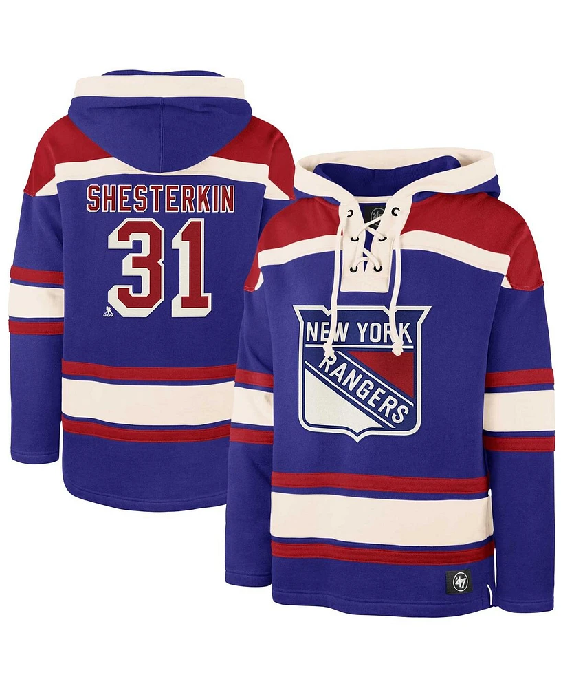 '47 Brand Men's Igor Shesterkin Blue New York Rangers Player Name Number Lacer Pullover Hoodie