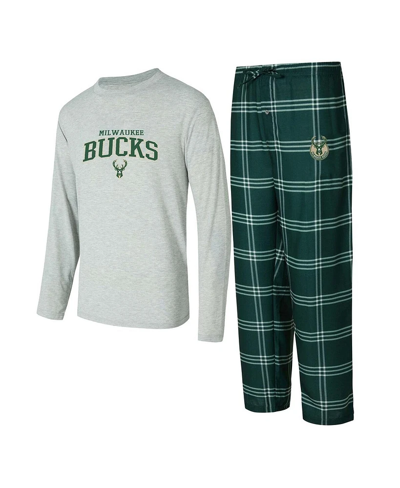 Concepts Sport Men's Hunter Green/Gray Milwaukee Bucks Petition Long Sleeve T-Shirt and Plaid Pant Set