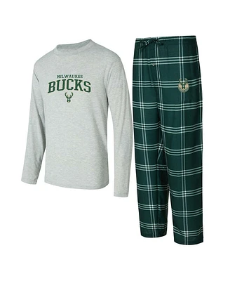 Concepts Sport Men's Hunter Green/Gray Milwaukee Bucks Petition Long Sleeve T-Shirt and Plaid Pant Set
