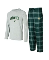 Concepts Sport Men's Hunter Green/Gray Milwaukee Bucks Petition Long Sleeve T-Shirt and Plaid Pant Set