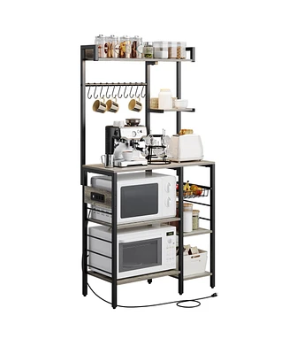 gaomon Kitchen Bakers Rack with Power Outlet, 35.4 In Microwave Stand with 10 S-Shaped Hooks & Wire Basket, Coffee Bar Kitchen Storage Shelf Rack for