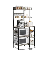 gaomon Kitchen Bakers Rack with Power Outlet, 35.4 In Microwave Stand with 10 S-Shaped Hooks & Wire Basket, Coffee Bar Kitchen Storage Shelf Rack for