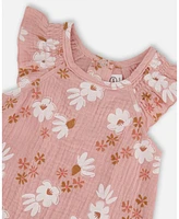 Deux par Baby Girls Printed Muslin Romper Pink And White Flowers