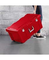 Sterilite Wheeled Footlocker, Plastic Utility Storage Container, Red, 3 Pack