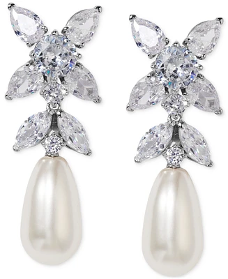 Eliot Danori Silver-Tone Cubic Zirconia & Imitation Pearl Drop Earrings, Exclusively at Macy's