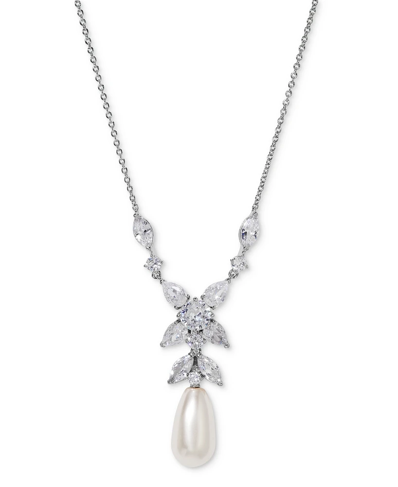 Eliot Danori Silver-Tone Cubic Zirconia & Imitation Pearl Lariat Necklace, 16" + 2" extender, Exclusively at Macy's