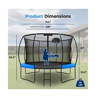 SereneLife 12ft Pumpkin Trampoline with Inner Enclosure, Ladder, and Basketball Hoop for Kids (Blue