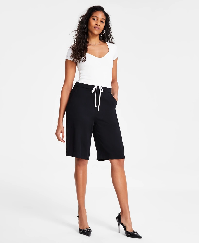 Bar Iii Women's Contrast-Waistband Drawstring Long Shorts, Exclusively at Macy's