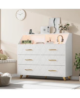 gaomon Dresser with Charging Station, Led Tv Stand 6 Drawers, Wood Modern Dressers & Chests of Drawers for Closet, Bedroom, Living Room,