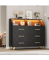 gaomon Dresser with Charging Station, Led Tv Stand 6 Drawers, Wood Modern Dressers & Chests of Drawers for Closet, Bedroom, Living Room,