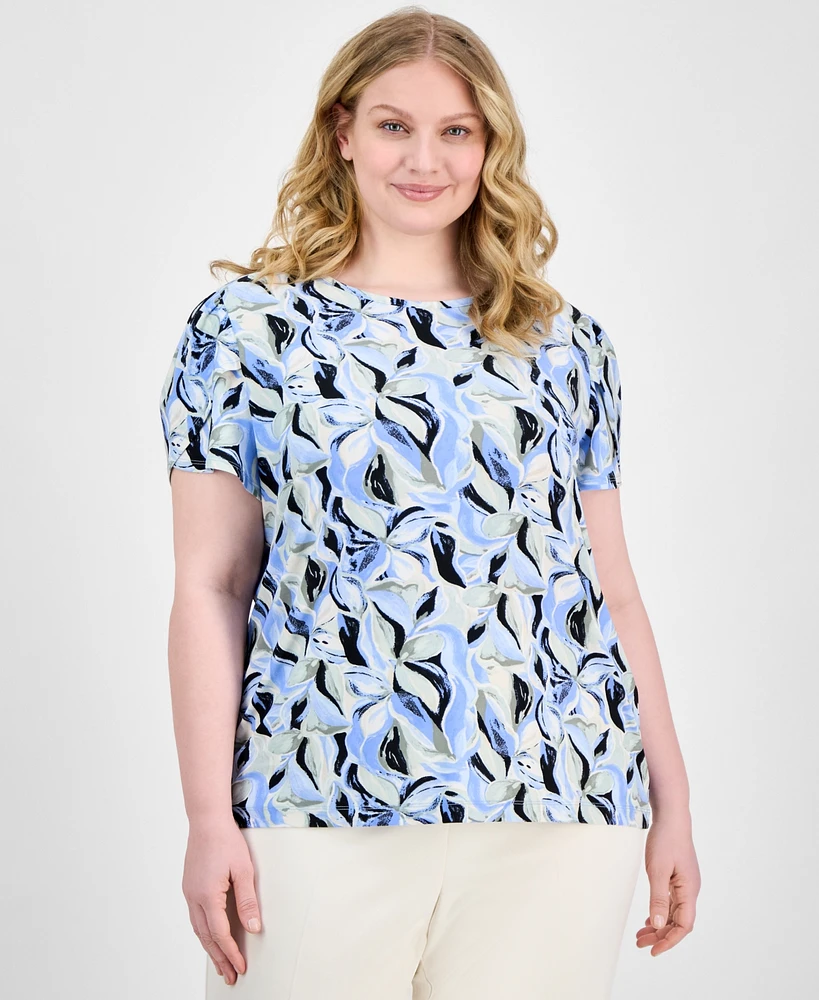 Ak Anne Klein Plus Size Printed Round-Neck Tulip-Sleeve Top