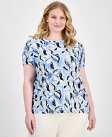 Ak Anne Klein Plus Size Printed Round-Neck Tulip-Sleeve Top