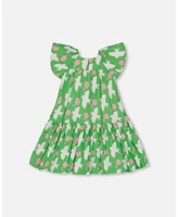 Deux par Big Girls Printed Dress With Flounce Sleeves Green White And Pink Bird