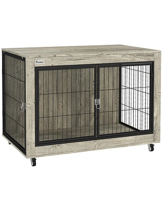 PawHut 39" Dog Crate Furniture on Wheels, for Large Dogs,