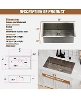 Casainc 30inch L x 18inch W Single Bowl Stainless Steel Undermount Kitchen Sink