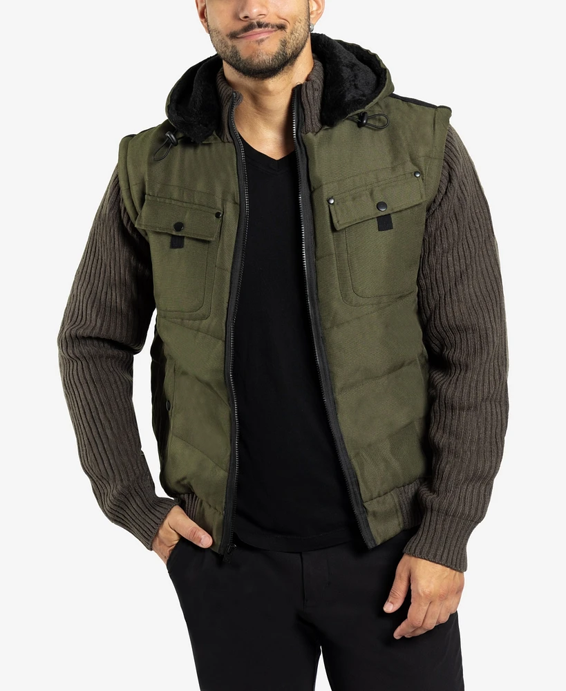 X-Ray Men's Canvas Flap Pocket Full Zip Sweater Jacket with Sherpa Hood