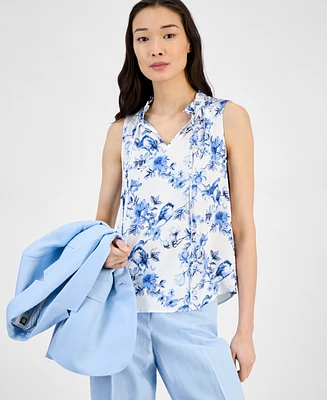 Anne Klein Women's Printed Ruffle-Neck Sleeveless Blouse