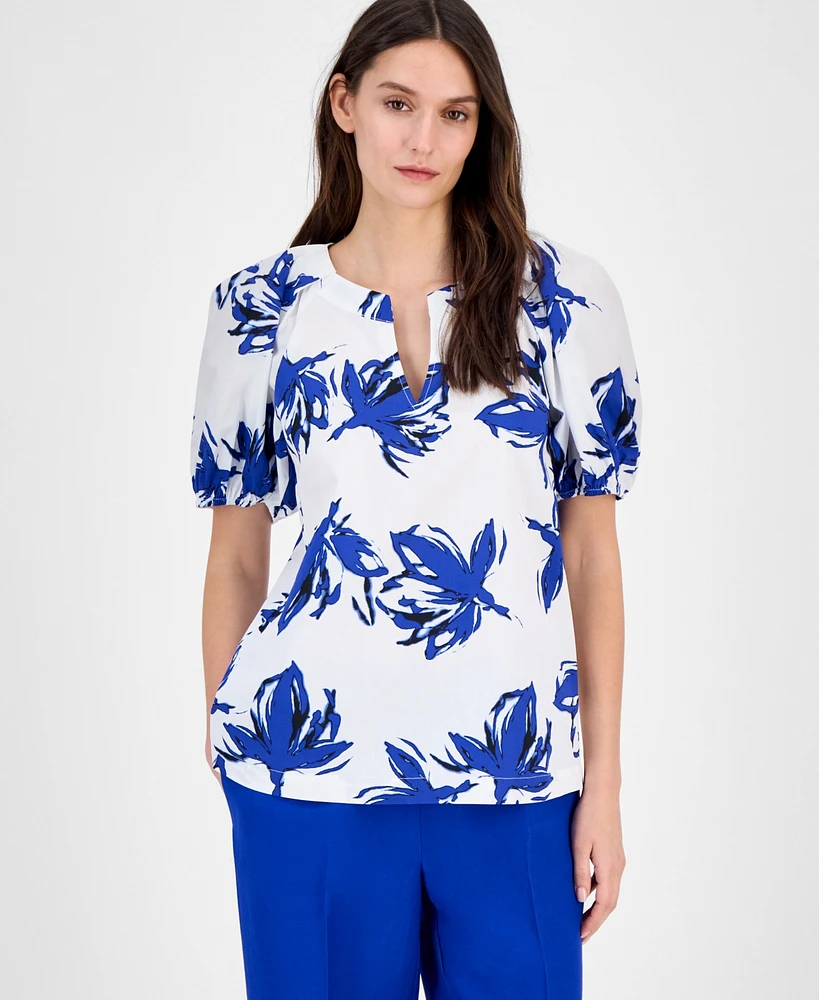 Anne Klein Women's Cotton Printed Puff-Sleeve Blouse, Created for Macy's
