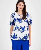 Anne Klein Women's Cotton Printed Puff-Sleeve Blouse, Created for Macy's