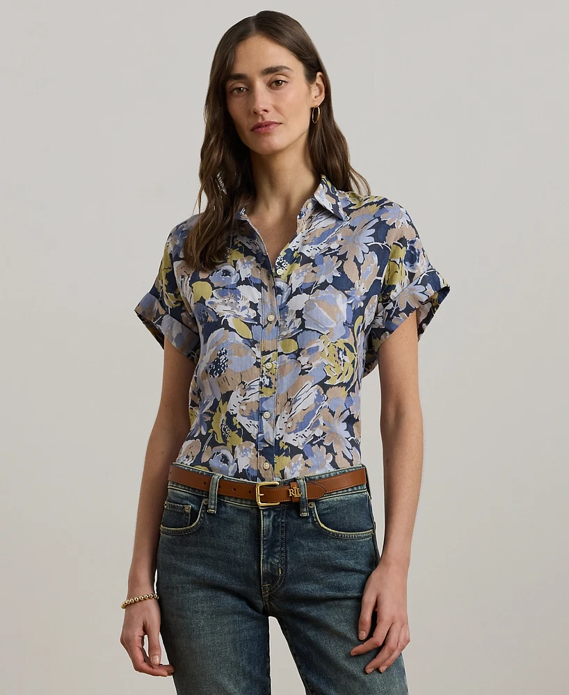 Lauren Ralph Petite 100% Linen Relaxed-Fit Floral Short-Sleeve Shirt