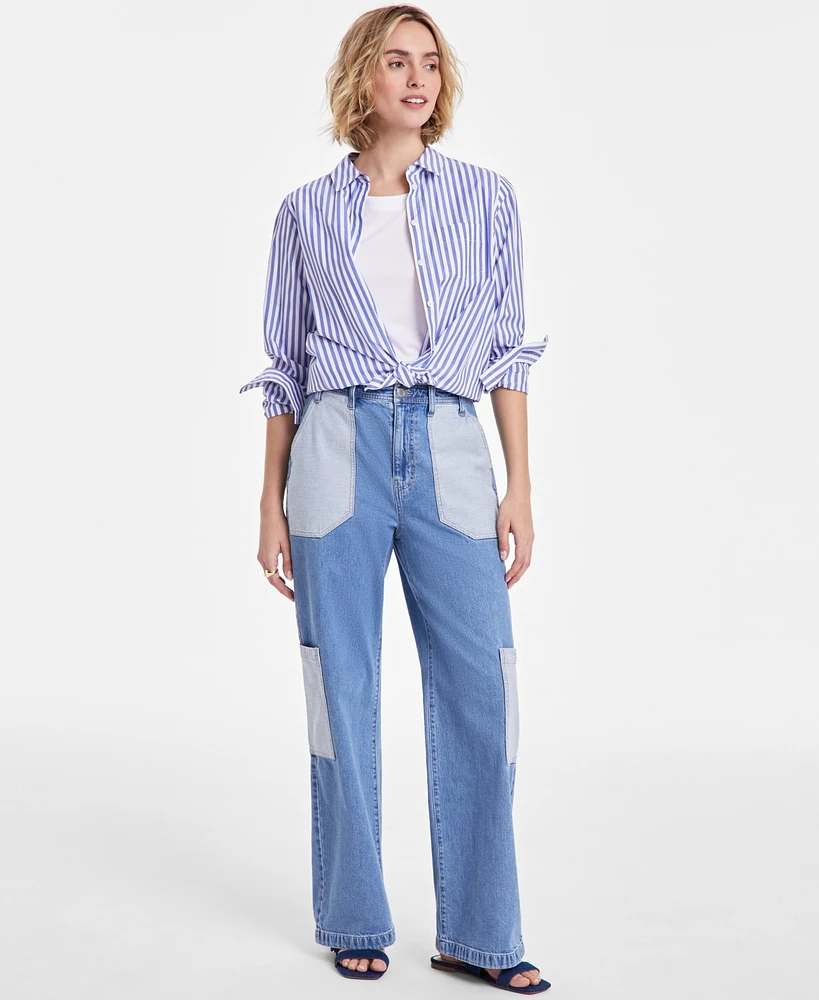 On 34th Women's Two-Tone High-Rise Cargo Wide-Leg Jeans, Exclusively at Macy's