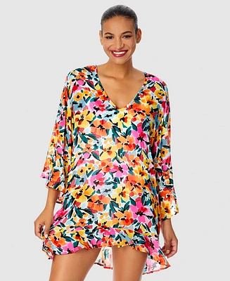 Anne Cole Women's Floral-Print Flounce V-Neck Tunic Swim Cover-Up