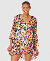 Anne Cole Women's Floral-Print Flounce V-Neck Tunic Swim Cover-Up