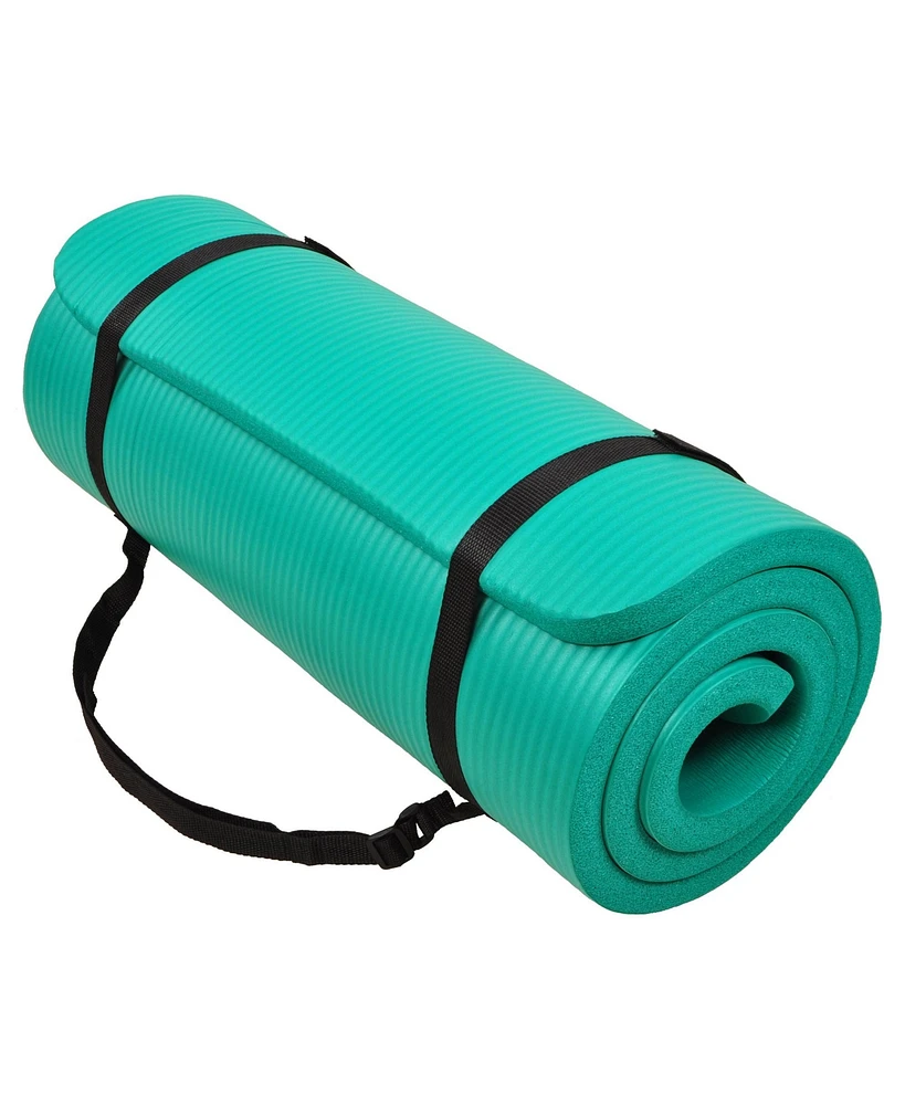 Signature Fitness 1" Extra Thick Exercise Fitness Yoga Mat w/ Carry Strap, Green