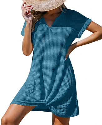 Cupshe Women's Waffle Knit Short Sleeve Hem Twist Mini Cover-Up