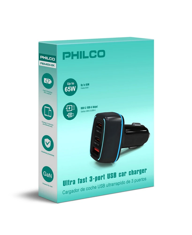 Philco Car Charger PD45W, 2 Usb-c + 1 Usb-a Fast Charging Adapter, Compact 12V/24V Vehicle Charger