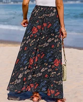 Cupshe Women's Midnight Florals Elastic Waist Maxi Skirt