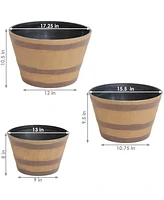 Sunnydaze Decor Set of 3 Resin Rustic Cask Outdoor Planter - Modern Decorative Planters - 13", 15", and 17" Plant Pot Set