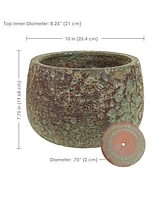 10" Round Lava Finish Ceramic Plant Pot Set - Features 1 Drainage Hole - 1.3 Gal Soil Capacity - Green Distressed Ceramic - Set of 2