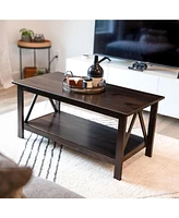 Dark Wood Coffee Table with Storage Shelf - Indoor Solid Pine Wood Center Table for Living Room - Dark Brown - 43.5" W