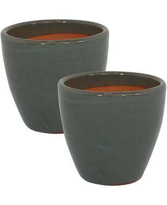 Round Ceramic Planter - Set of 2 Indoor or Outdoor Plant Pots with Drainage Hole 8" Imperial Blue Glaze Resort