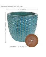 14" Raised Hexagon Pattern Glazed Ceramic Plant Pot - Features 1 Drainage Hole - 1.75 Gal Soil Capacity - Turquoise
