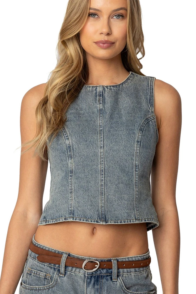 Edikted Women's Quinlan Open Back Denim Top