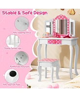 Gouun Kids Vanity Table and Stool Set with Cute Polka Dot Print