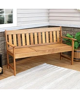 Meranti Wood Outdoor Patio Bench with Built-In Pop-Up Table - Teak Oil Finish - 60-Inch