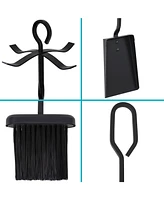 Sunnydaze Decor 4-Piece Fireplace Tool Set with Stand - Heavy-Duty Black Steel Poker, Shovel, Log Grabber and Broom
