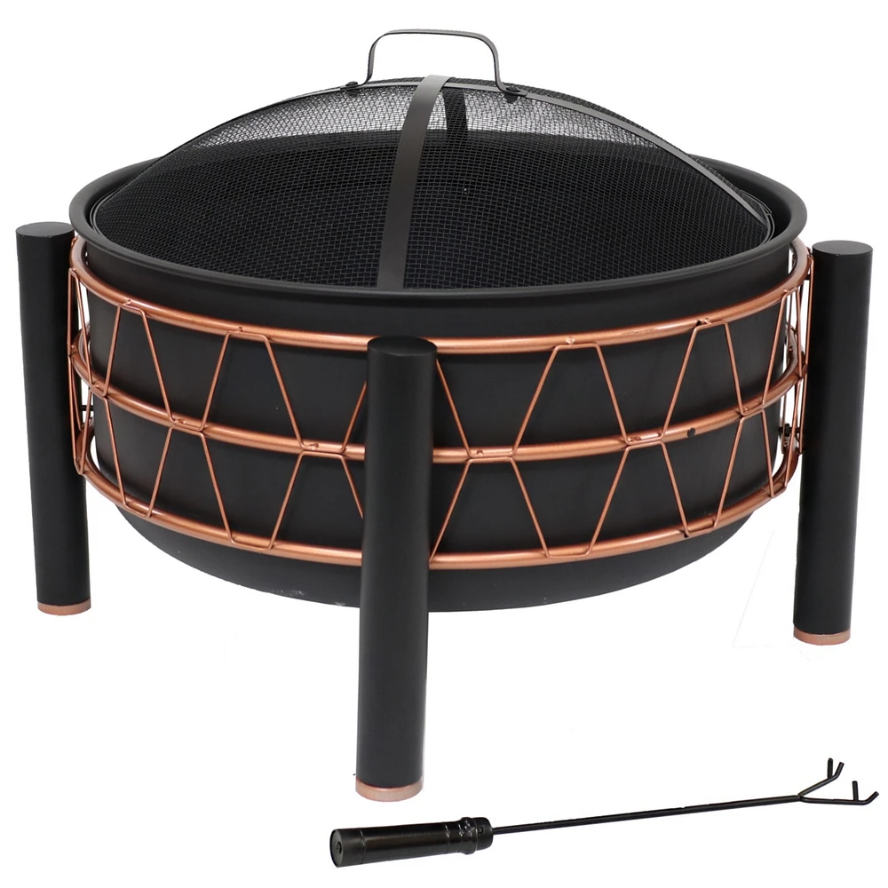24.5-Inch Black Steel Wood-Burning Fire Pit with Copper-Colored Trapezoid Pattern - Includes Protective Pvc Cover