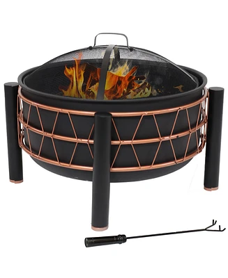 Sunnydaze Decor 24.5-Inch Black Steel Wood-Burning Fire Pit with Copper-Colored Trapezoid Pattern - Includes Protective Pvc Cover