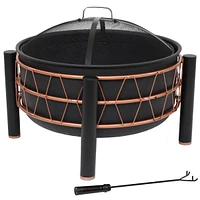 24.5-Inch Black Steel Wood-Burning Fire Pit with Copper-Colored Trapezoid Pattern - Includes Protective Pvc Cover