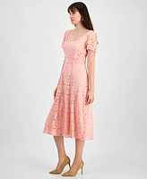 Anne Klein Petite Lace Square-Neck Puff-Sleeve Smocked-Back Dress