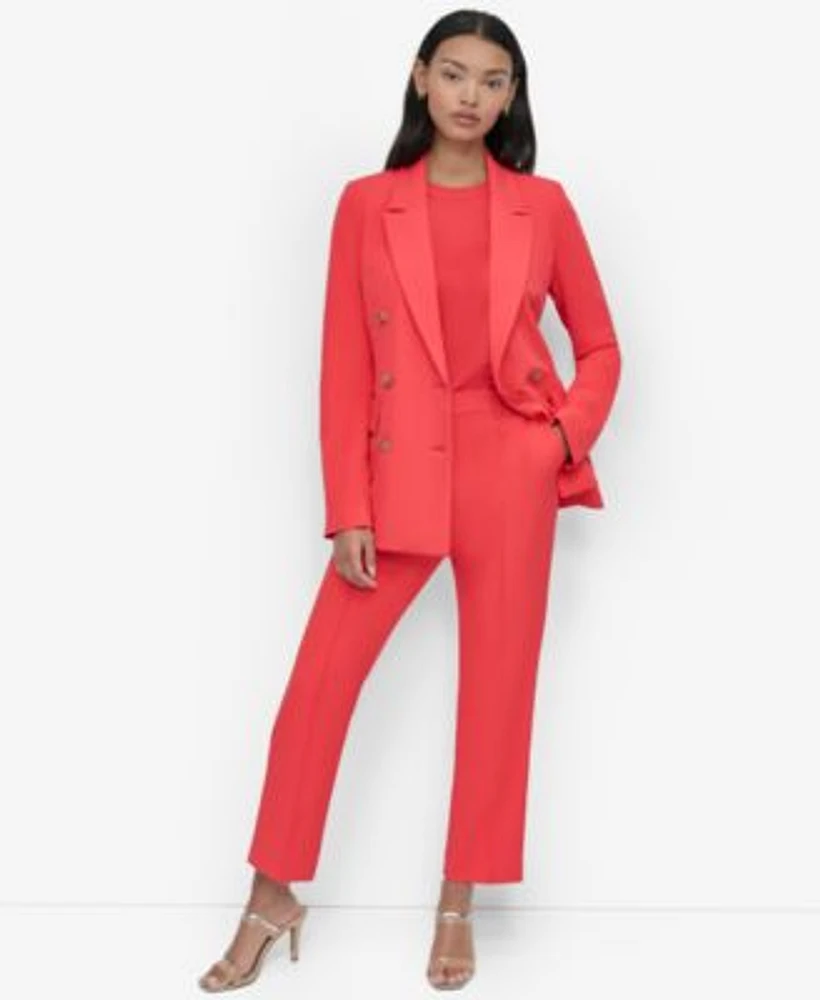 Dkny Womens Double Breasted Peak Lapel Blazer Piped Straight Leg Mid Rise Pants Mixed Media Ribbed Sweater Vest