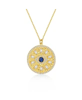 Genevive 14k Gold Plated with Blue & Cubic Zirconia Mandala Medallion Pendant Necklace