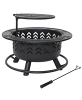 Sunnydaze Decor Arrow Motif 32.75-Inch Round Wood-Burning Fire Pit for Outside - Includes Cooking Grate and Cover - Black